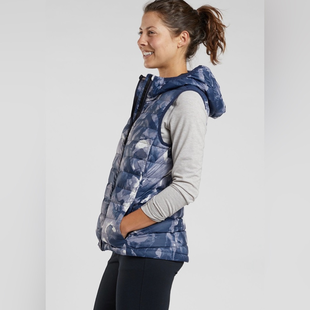 Lole Hooded Puffer Vest Duck Down Women’s Small Blue Gray Packable Lightweight
